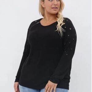Vocal Black Knit Zipper Shoulders Eyelet Long Sleeves Tunic Lightweight Sweater